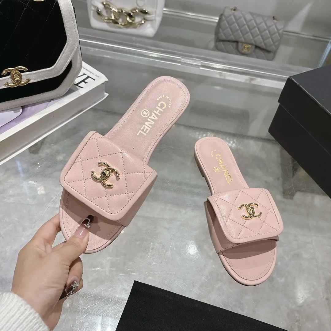 👟👟Ex-factory price 360👟👟 Genuine leather sole +40 Chanel Chanel 25C new women's double C schoolbag buckle flat sandals, fabric sheepskin, color: black: white: pink: apricot, code number: 5-40 (customized 41 42 43 customized non-returnable): rubber sole leather sole +40